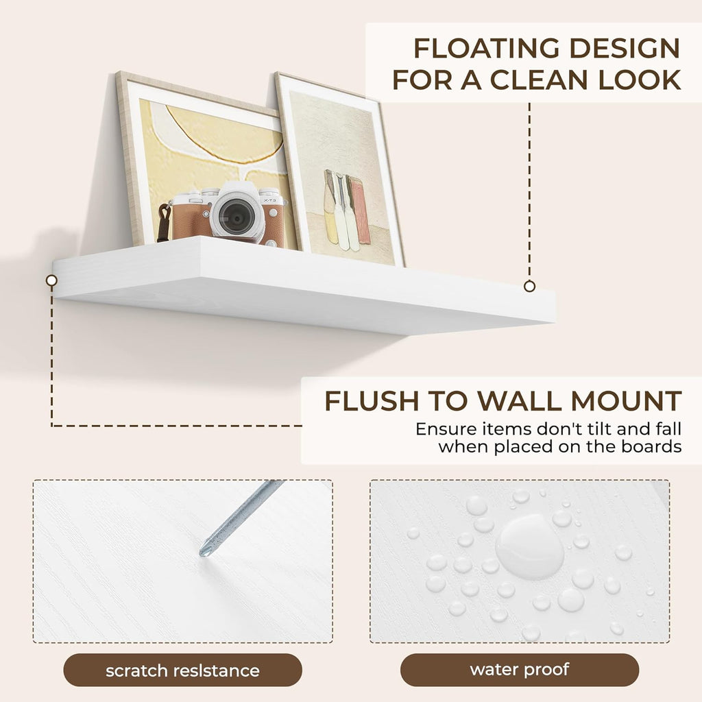RICHFOCUS 31.5Inch Floating Shelves for Wall 2 Pack Shelves for Bedroom|Kitchen|Bathroom Wall Mounted Rustic Wood Floating Shelf with Invisible Brackets for Books|Storage|Decor, White