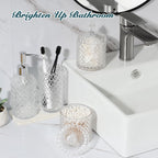 Bathroom Accessories Set, 4 Pack Clear Glass Bath Accessory Sets Complete, Diamond Soap Dispenser and Toothbrush Holder Set for Bathroom Counter Organizer Essentials, Modern Bathroom Decor