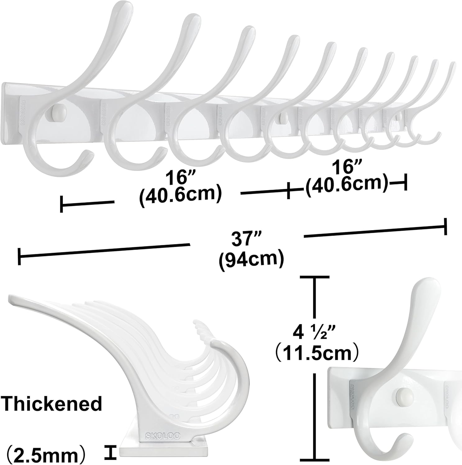 SKOLOO Coat Rack Wall Mounted - 10 Hooks, Pack of 2, Heavy Duty, Stainless Steel, Metal Wall Hangers, Sturdy Coat Hooks for Hanging Coats, Jacket, Clothes, Hat, White