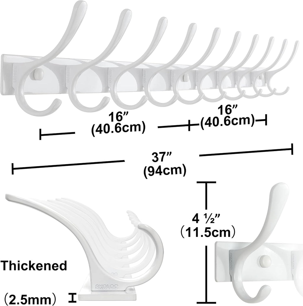 SKOLOO Wall Mounted Coat Rack - 10 Hooks, Heavy Duty, Stainless Steel, Metal Wall Hangers, Sturdy Coat Hooks for Hanging Coats, Jacket, Clothes, Hat, White