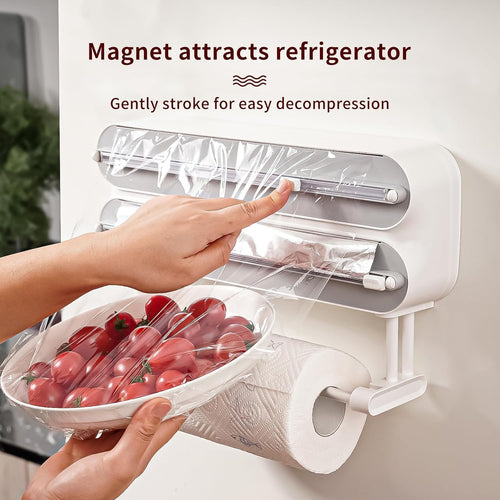 3 in 1 Aluminum Foil and Plastic Wrap Organize Dispenser with Cutter, Magnetic Paper Towel Holder for Fridge, Includes 1 Roll of Cling Film
