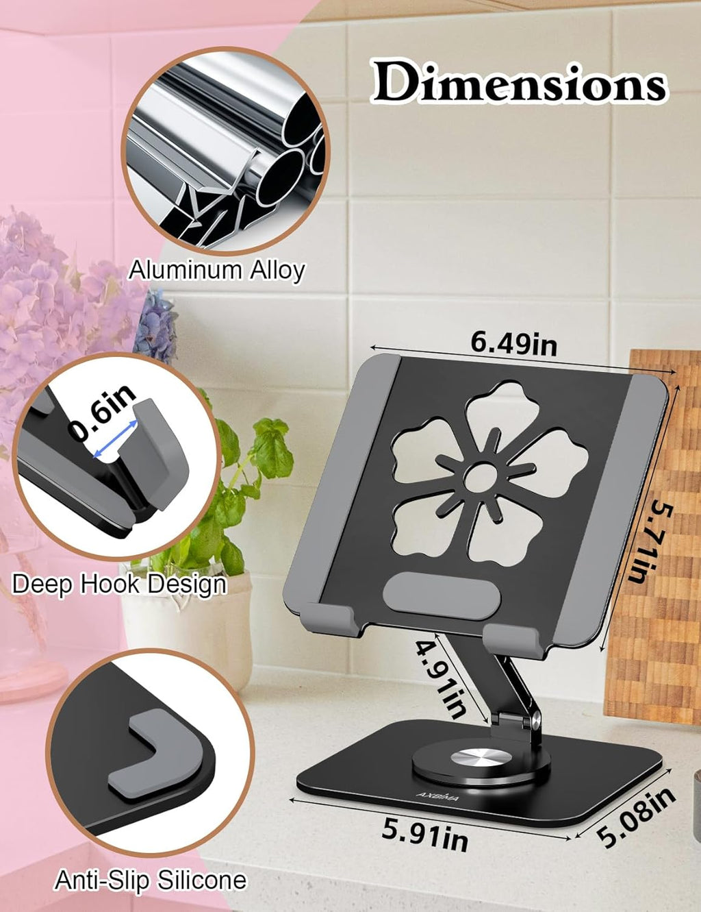 Tablet Stand for iPad, 360° Rotating Aluminum Foldable Holder – Adjustable Desk Stand | Fits iPad Pro 12.9/11,Samsung Galaxy Tab – Portable for Home, Office & Travel,Black