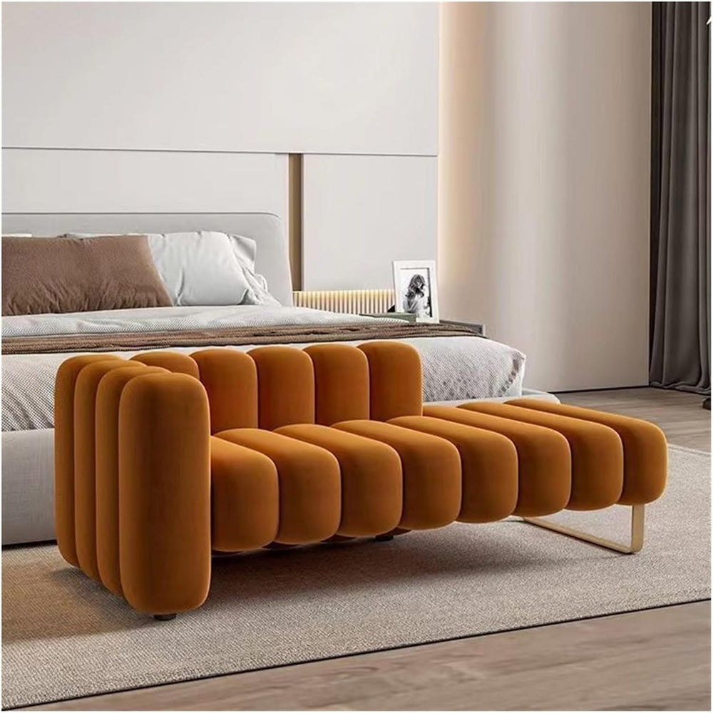 Modern Orange Bedroom Bench Velvet, Upholstered End of Bed Tufting Indoor wit...