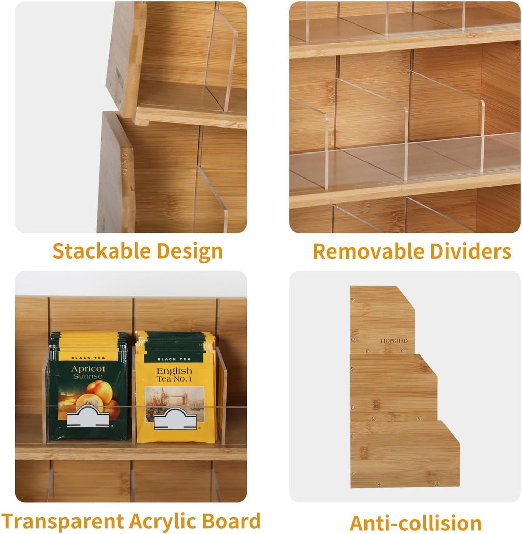3 Layer Stackable Bamboo Tea Bag Organizer Storage Holder for Tea Bags Wood Tea Box Containers Tea Rack Teabag Station Stand for Cabinet Countertop Office(Patented Design)