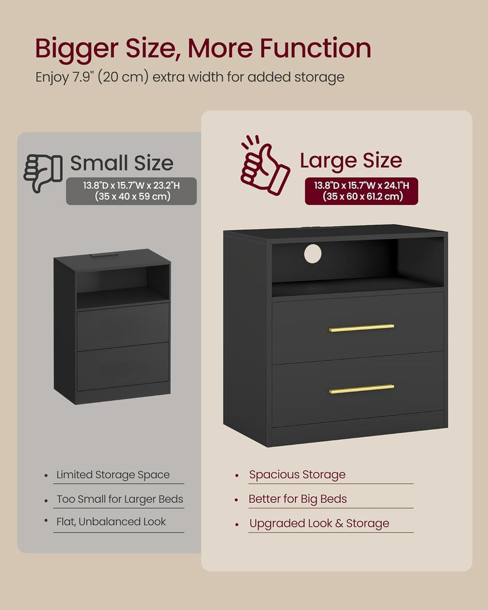 VASAGLE CUSTOS Collection Nightstand with Charging Station, 23.6 Inch | LED L...