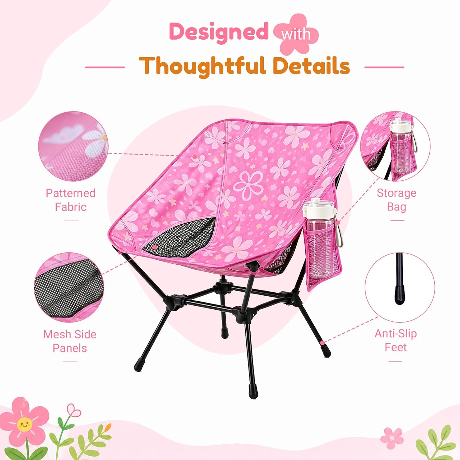 Kids Camping Chair, Foldable, Flowers | Lightweight, Carry Bag, Heavy Duty, Portable, Indoor & Outdoor Use
