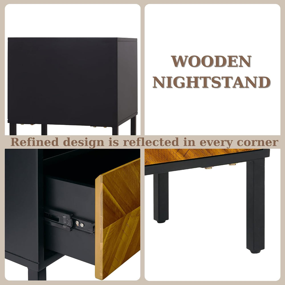 Bme Vivian Solid Wood Nightstand, End Table, Bedside Table with Herringbone P...