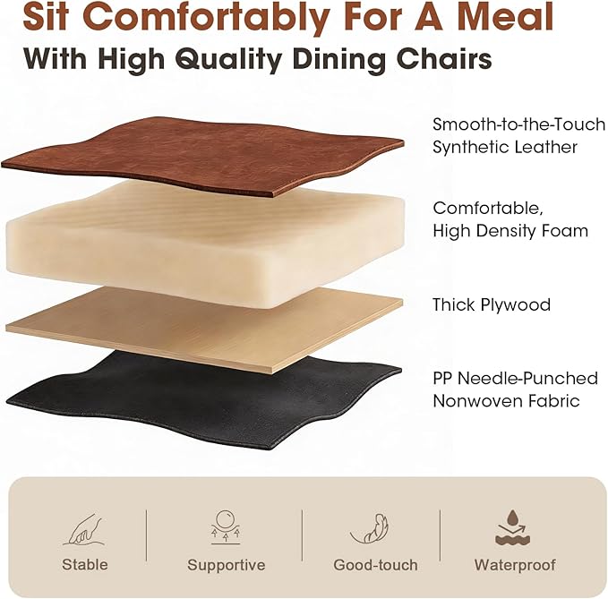 Modern Dining Chairs Set of 4, Upholstered Faux Leather Kitchen Side Chairs with Curved Open Back, Elegant Decorative Stitching, Easy Assembly for Dining Room, Restaurant, Cafe,Vintage Brown