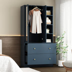 Homsee Wardrobe Armoire Wooden Closet with Mirror, 2 Doors, 2 Drawers, 4 Open Storage Cubes and Hanging Rod for Bedroom, Navy Blue (35.5”L x 15.8”W x 70.8”H)