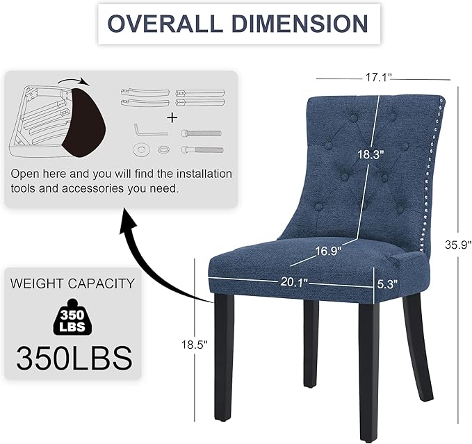 Upholstered Tufted Dining Chairs Set of 6, Fabric Side Dining Room Chairs with Nailhead Back Ring Pull Trim Solid Wood Legs, Dark Blue