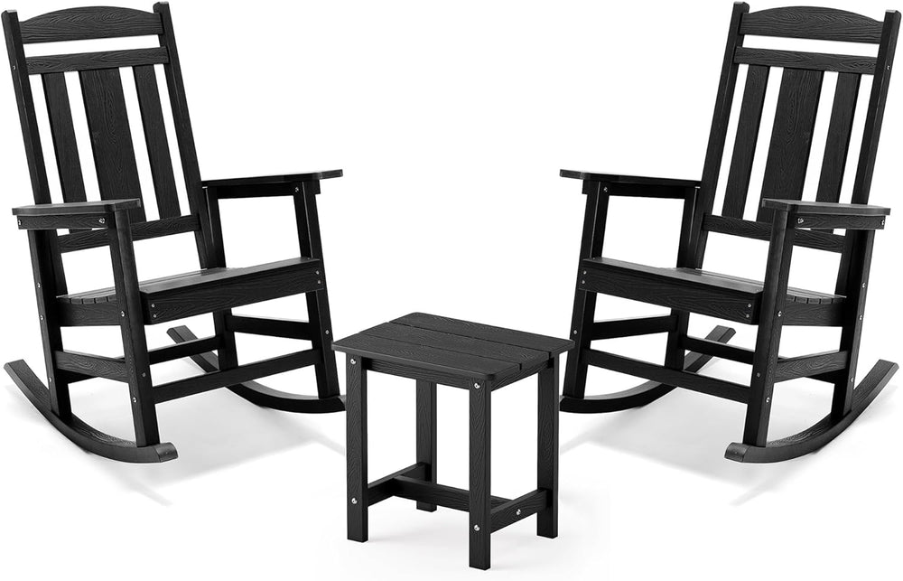 LUE BONA Outdoor Rocking Chairs Set, 3-Piece, HDPS Poly Porch Rockers with Ta...