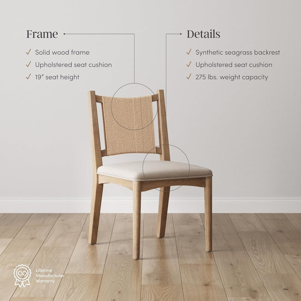 Nathan James Elodia Upholstered Dining Chair with Seagrass Back Solid Wood Mo...