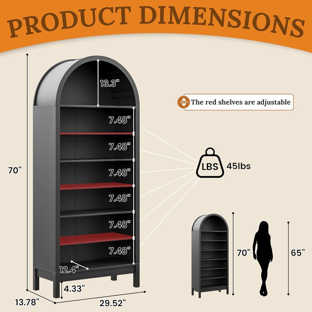 70" Tall Arched Shoe Cabinet, 7-Tier Shoe Rack with 3 Adjustable Shelves, Large Freestanding Shoe Organizer for Entryway, Closet, Hallway, Living Room (Midnight Black)
