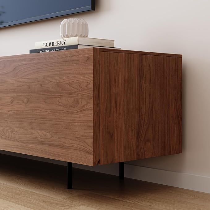 Modern Walnut TV Stand – Long Media Console with 4 Doors, Large Concealed Storage, Cable Management & Metal Legs, Contemporary Entertainment Center for Living Room (Walnut Brown, 86.6")
