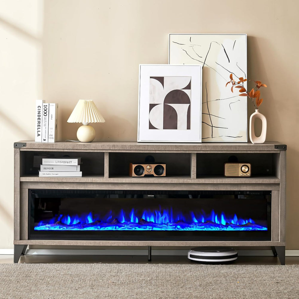 AMERLIFE 65" Fireplace TV Stand with 60" Glass Electric Fireplace, ...