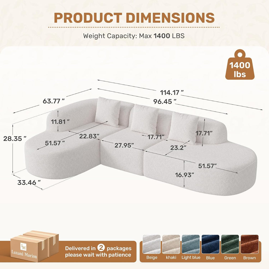 114 Inch Boneless Couches for Living Room,Modern Modular Sectional Sofa with Chaise,L-Shape Cloud Sectional Couch,No Assembly Required,Beige