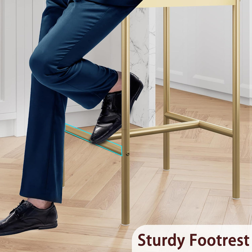 IDEALHOUSE Elegant Bar Stools Set of 2 - with Backrest and Footrest | Gold & Velvet Grey Upholstery, 65cm Counter Height, Metal Frame - Perfect for Kitchen Island & Counter - Two Pack Bar Chairs