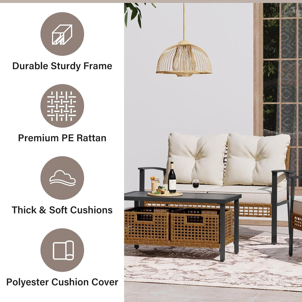 Outdoor Patio Loveseat with Coffee Table Set of 2, 2 Pieces Comfortable Overs...