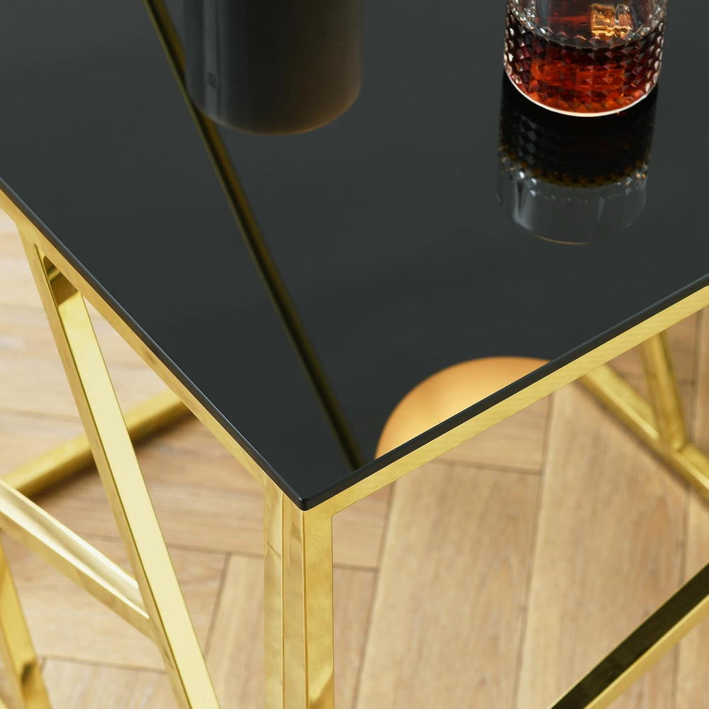 Modern Rectangular Coffee Accent Table with Black Tempered Glass Top and Stai...