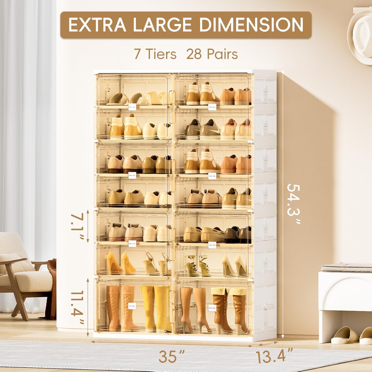 JEKO&JEKO 7 Tiers Foldable Boot and Shoe Storage Rack Cabinet for Closet Entryway, Large Collapsible Shoe Organizer with Magnetic Doors (White)