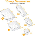 SMARTAKE 13-Piece Drawer Organizers with Non-Slip Silicone Pads, 5-Size | Clear Desk Bathroom Drawer Organizer Trays Storage Tray for Makeup, Jewelry, Utensils in Bedroom Dresser, Office and Kitchen
