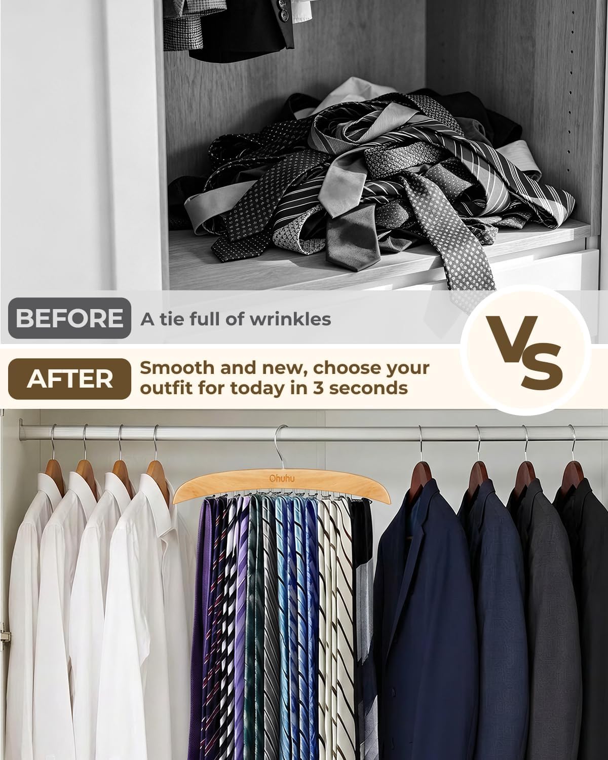 Ohuhu 24-Hook Wooden Tie Rack Organizer for Closet – Space Saving Hanger with 360° Rotating Anti-Slip Clips, Holds 24 Ties Securely Without Wrinkles – Premium Hardwood & Rustproof Steel