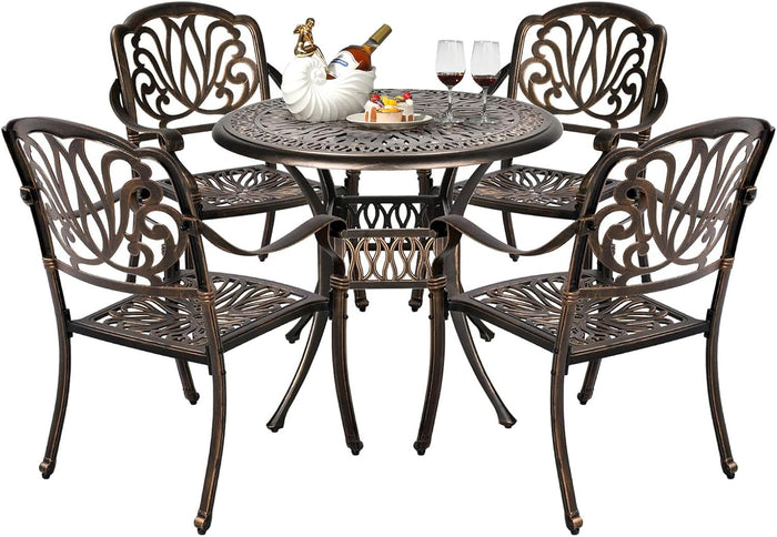 VINGLI 5 Pieces Outdoor Patio Dining Set, Cast Aluminium Patio Furniture Set with 4 Chairs and 1 Umbrella Table for Yard, Garden, Porch and Poolside, Bronze