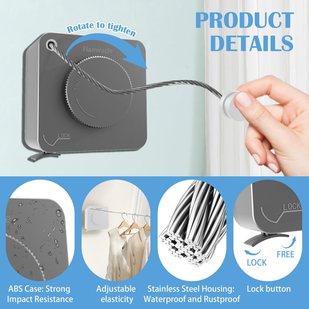 Retractable Clothesline Indoor, Non-Sagging Outdoor Clothes Line Retracting 15.7 Feet Heavy Duty Laundry Line Retractable Wall Mounted Clothes Line Outdoors (Square-Grey)