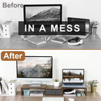 TEAMIX 3 Shelf Monitor Stand Riser With Drawer - Length and Angle Adjustable Dual Riser With Storage Corner Desk Shelf Organizer Large Computer Stand for 2 Monitors/Laptop (Brown, 1 Drawer)