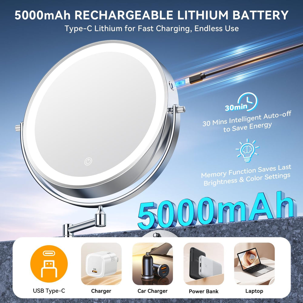 Auxmir 10″ 5000mAh 1X/30X Wall Mounted Lighted Magnifying Makeup Mirror