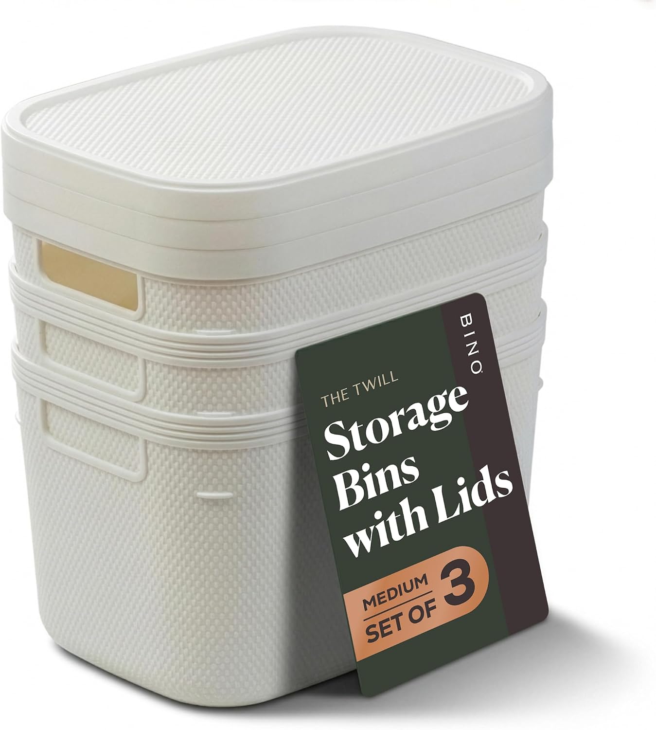BINO | Plastic Storage Bins with Lids, 5.5 Liter - 3 Pack, White | THE TWILL COLLECTION | Plastic Bins for Organization | Woven Storage Baskets for Organizing | Pantry Shelf Organizer Basket Bin