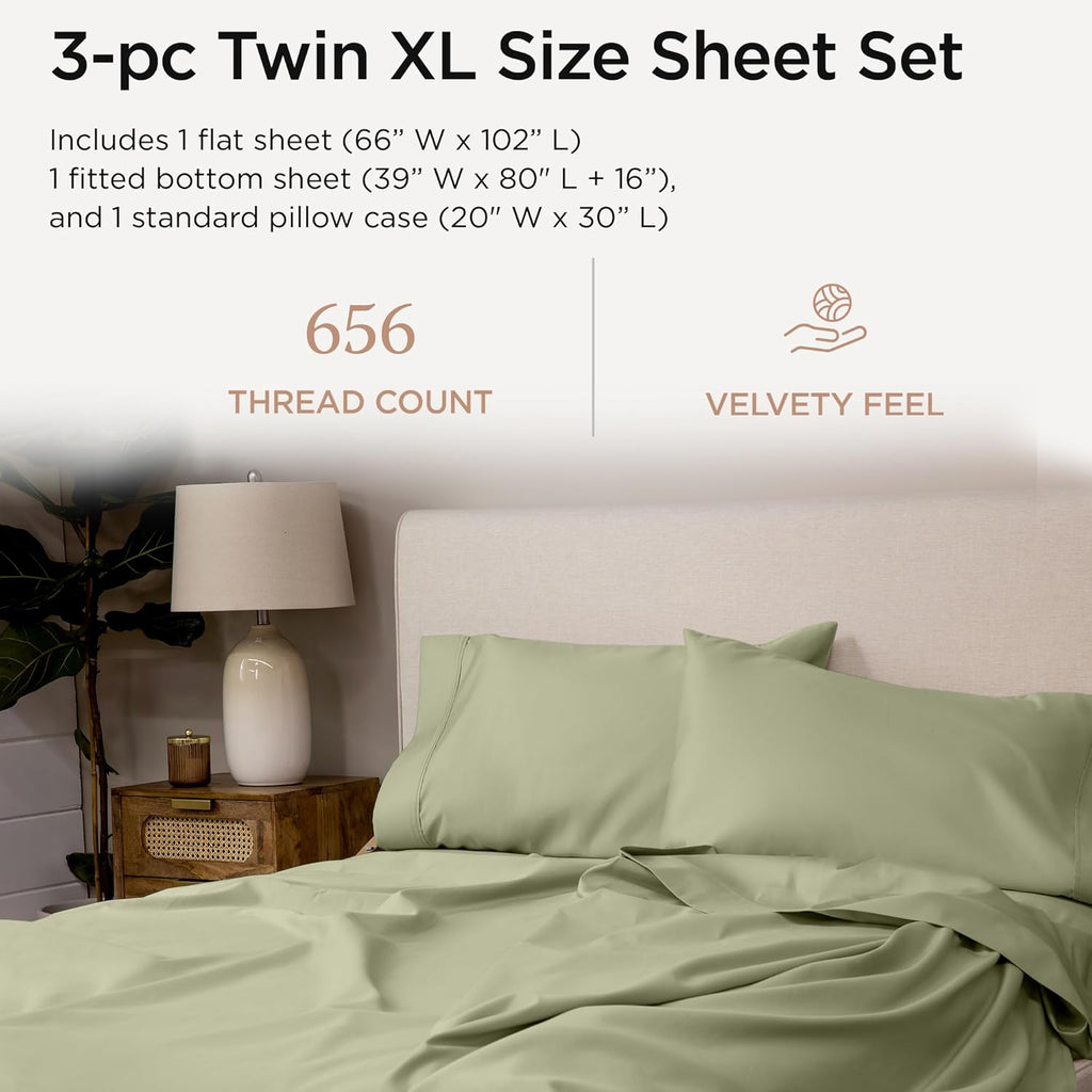 Threadmill Twin XL Sheet Sets | 100% Supima Cotton Sheets for Twin XL Mattress | Solid Sateen Twin XL Bed Sheets Set with 16” Deep Pocket | Soft Breathable 3-Piece Cooling Sheet Set| Sage Green Sheets