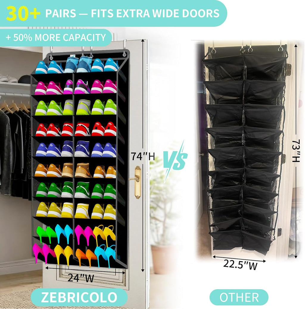 Large Shoe Rack for Door 74 x 24 Inches, Over the Door Shoe Organizer, Heavy-Duty Hanging Shoe Storage for Closet, Extra-Wide 30 Pairs Shoe Holders Fit Family Sneakers Heels Boots - Black