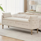67"End of Bed Storage Bench King Size,Upholstered Bedroom Bench,Beige | Linen Storage Bench for Bedroom End of Bed ,2 Cushion, Vintage Wood Legs ,Tufted,Storage Ottoman Bench for Entryway Window