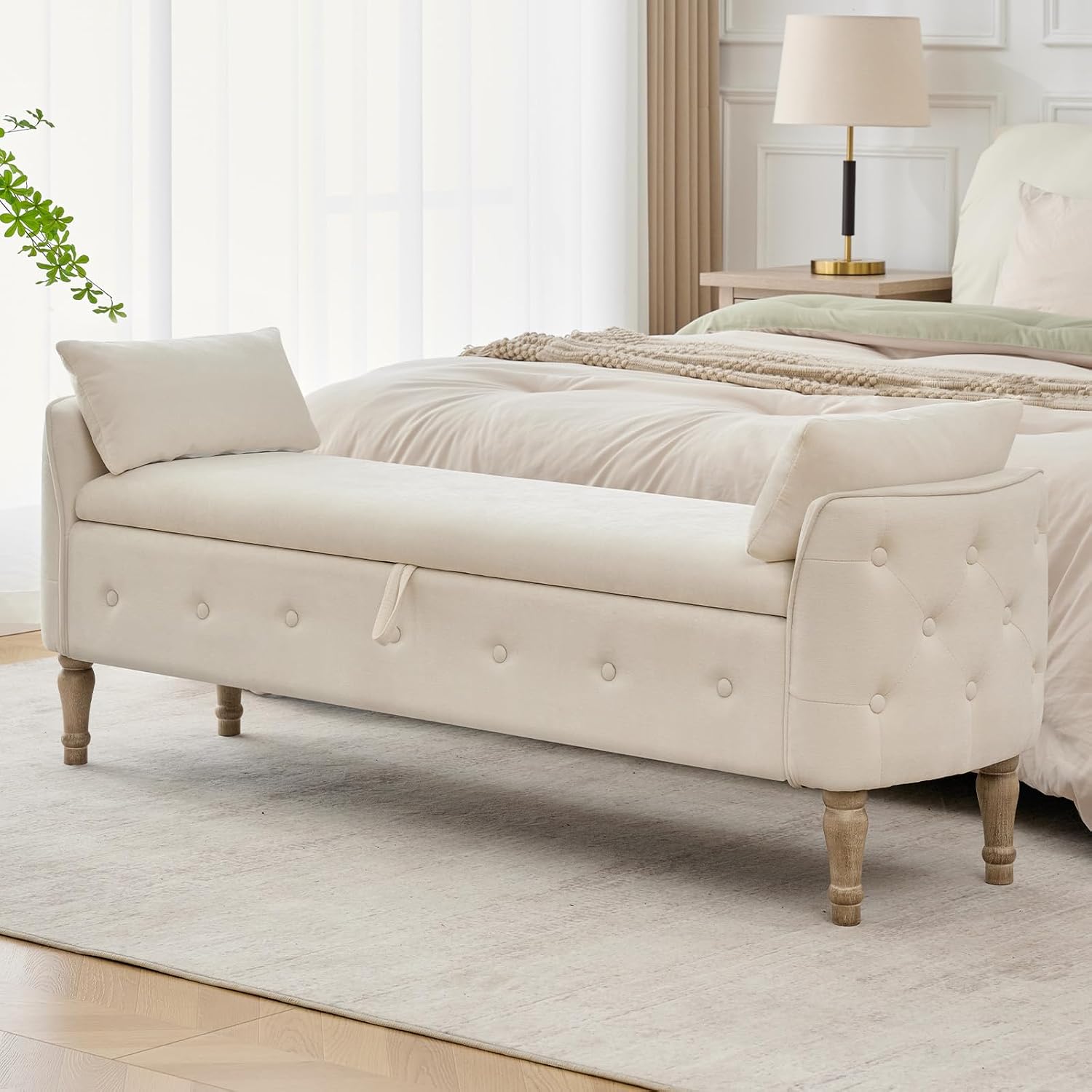 67"End of Bed Storage Bench King Size,Upholstered Bedroom Bench,Beige | Linen Storage Bench for Bedroom End of Bed ,2 Cushion, Vintage Wood Legs ,Tufted,Storage Ottoman Bench for Entryway Window
