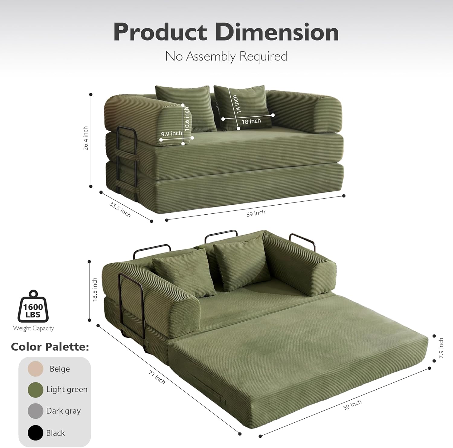 59in Boneless Couch Convertible Futon Sofa Bed Queen for Small Space | Corduroy Boneless Sleeper Sofa, Pull Out Modular Couch, Apartment Friendly for Study Room & Living Room, No Assembly | Green
