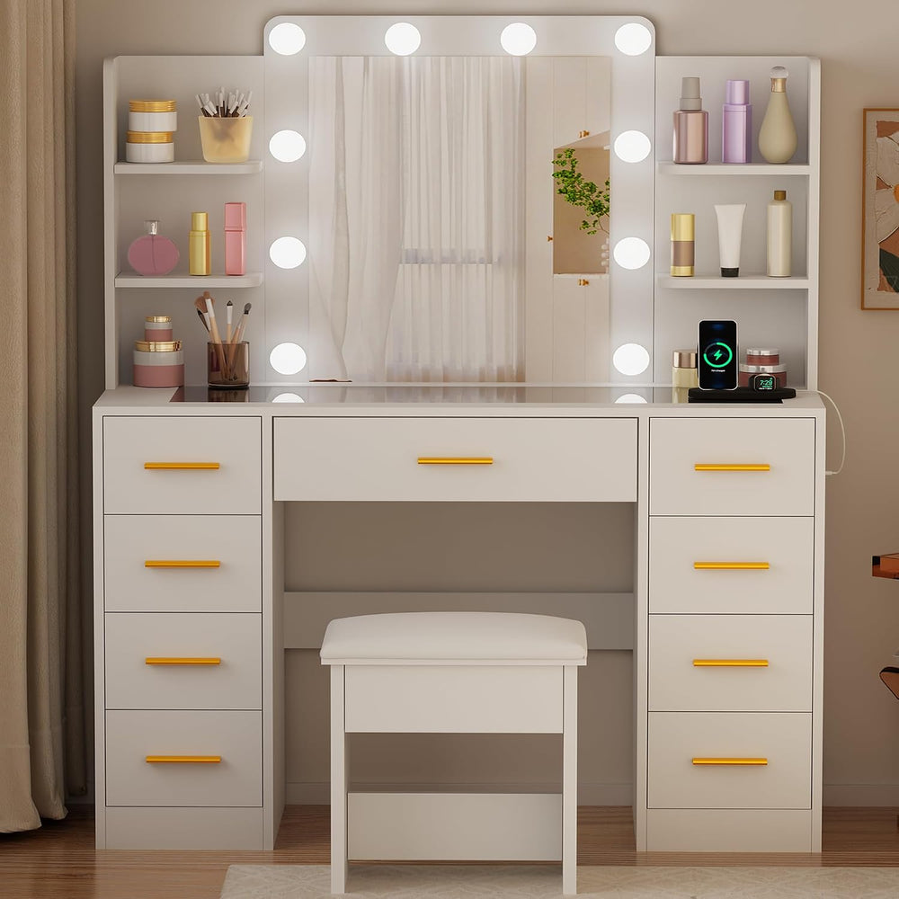 BEWISHOME Large Vanity Desk with Mirror and Lights,Glass Top,9 Drawers | Whit...