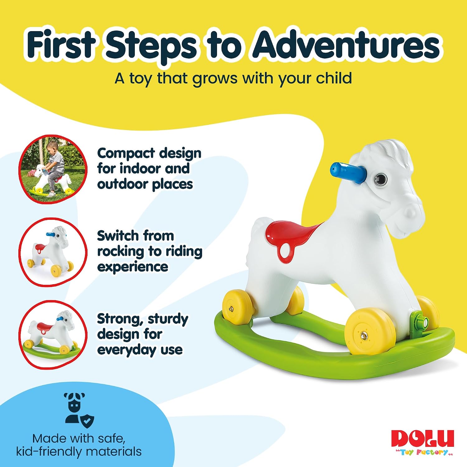 Dolu Wheeled Rocking Horse 2 in 1 Toddler Ride On Toy with Removable Sled and Push Along Option for Kids Ages 2 and Up, Indoor and Outdoor Play, White