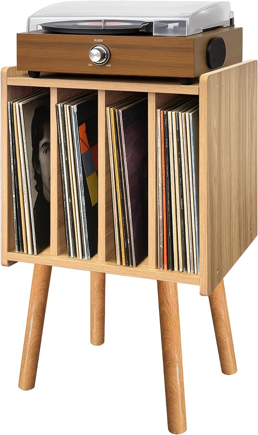 Record Player Stand, Vinyl Record Storage Table with 4 Cabinet, Mid Century M...