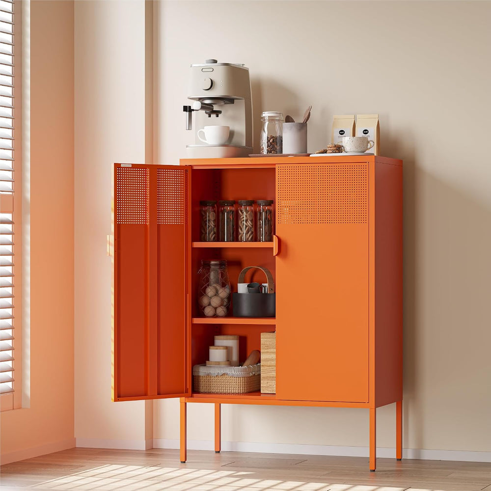 COFaR Orange Metal Storage Cabinet, 47”H Vibrant Coffee Bar & Buffet Side...