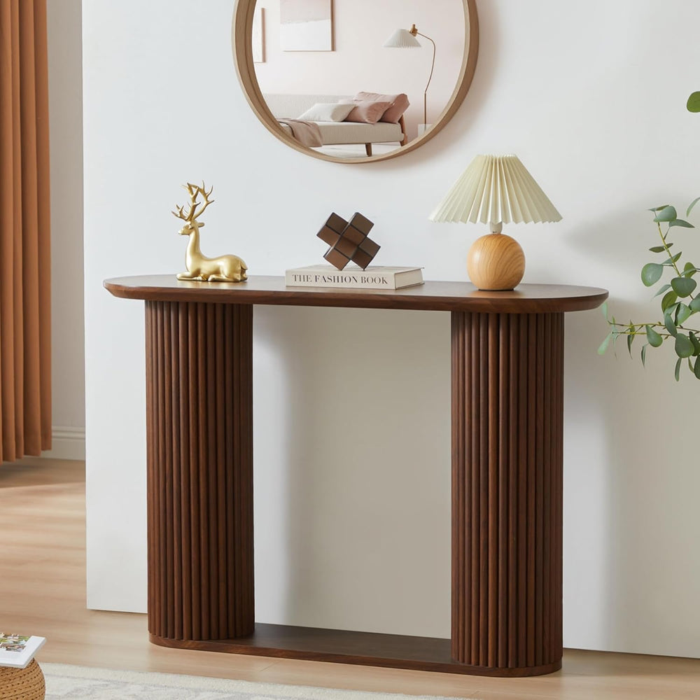 AVZEAR Fluted Entryway Console Table with Storage Shelf, Oval Curved Mid Cent...