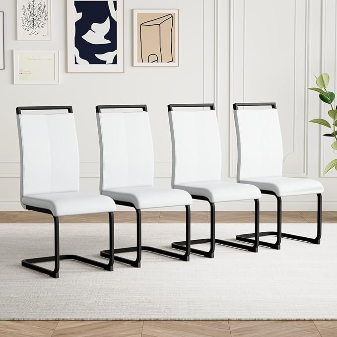 AZmac Modern Leather Dining Chairs Set of 4,Armless Kitchen Chairs,Dining Room Chair with Upholstered Padded Seat and Sturdy Chrome Legs for Dining Room,Kitchen (Set of 4, White-Black Leg)
