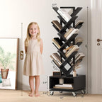 7 Tier Double Sided Rotating Tree Book Shelf, Floor Standing Wood Bookshelf with Adjustable Wheels for Narrow Space, with Storage Cabinet for Books/CDs/Magazine, Black