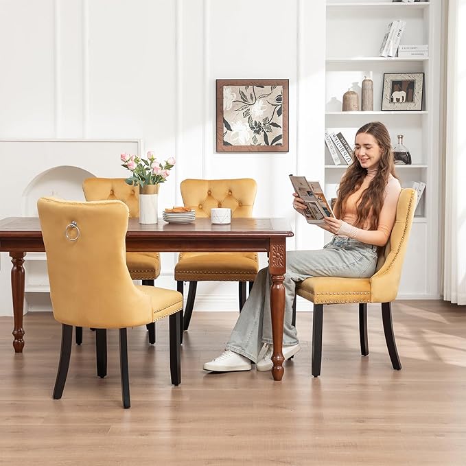 Velvet Dining Chairs Set of 6,Upholstered Dining Chairs with Ring Pull Trim and Button Back,Modern Seating for Kitchen, Bedroom & Living Room(Gold)