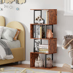 Furologee 5 Tier Bookshelf, S Shaped Geometric Bookcase, Narrow Freestanding Display Shelves, Modern Wood Decorative Storage Rack for Bedroom, Living Room, Home Office, Rustic Brown