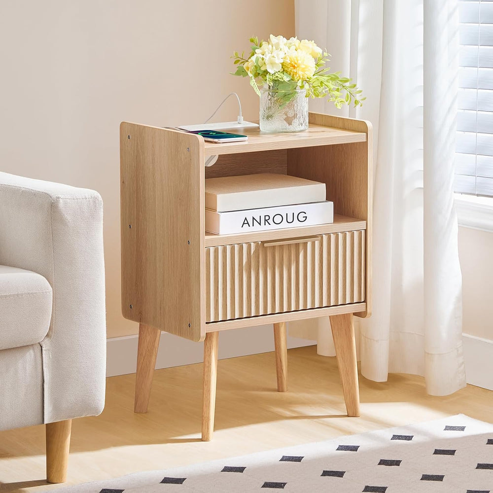 MAHANCRIS Natural Nightstand with Charging Station, Modern Bedside Table with...