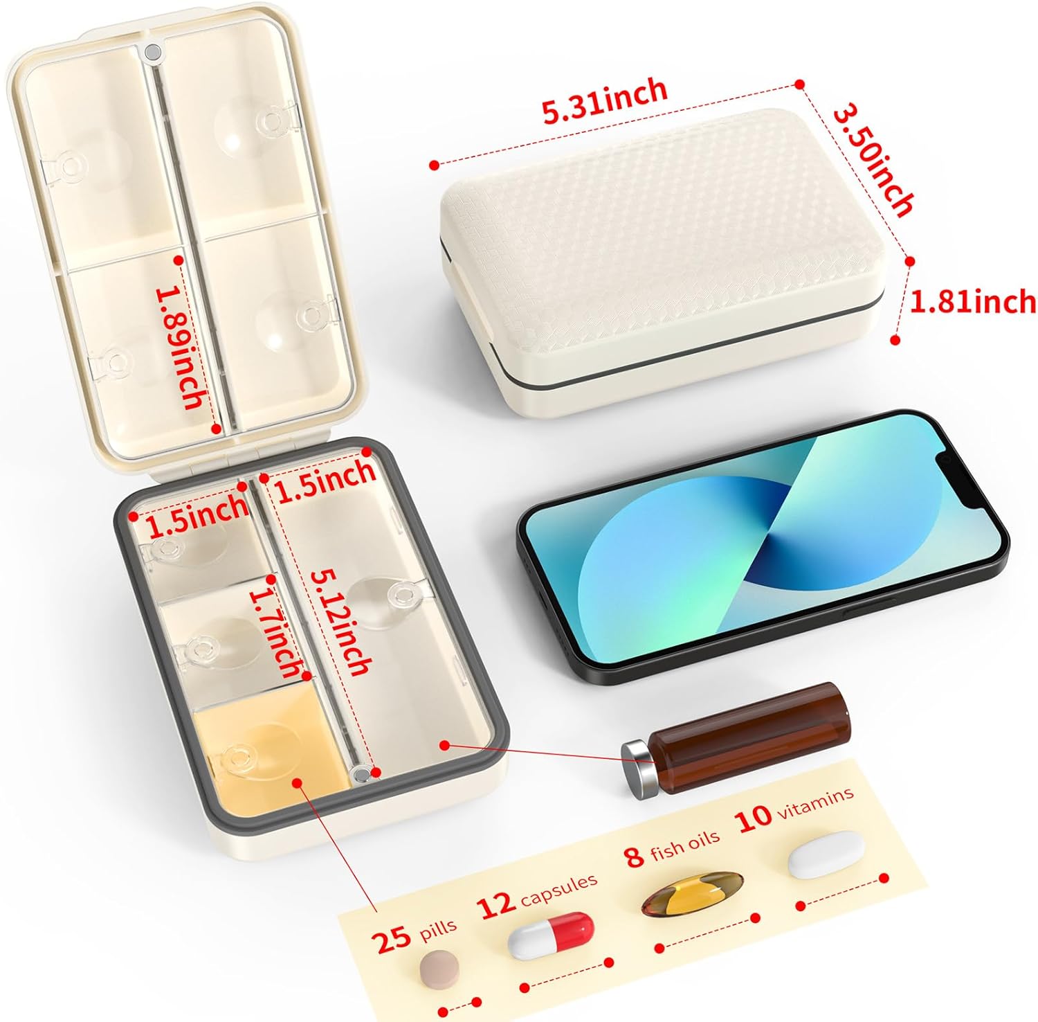 Restree Weekly Pill Organizer, Magnetic Moisture Proof Pill Case, Large Capacity Travel Pill Box with Inner Clear Lid for Vitamins, Supplements, and Daily Medications 8 Compartment (White)