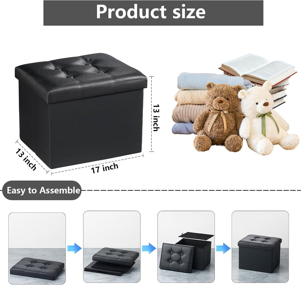 AmasSmile Storage Ottoman Folding Foot Rest Stool, Leather Footstool Bench, S...