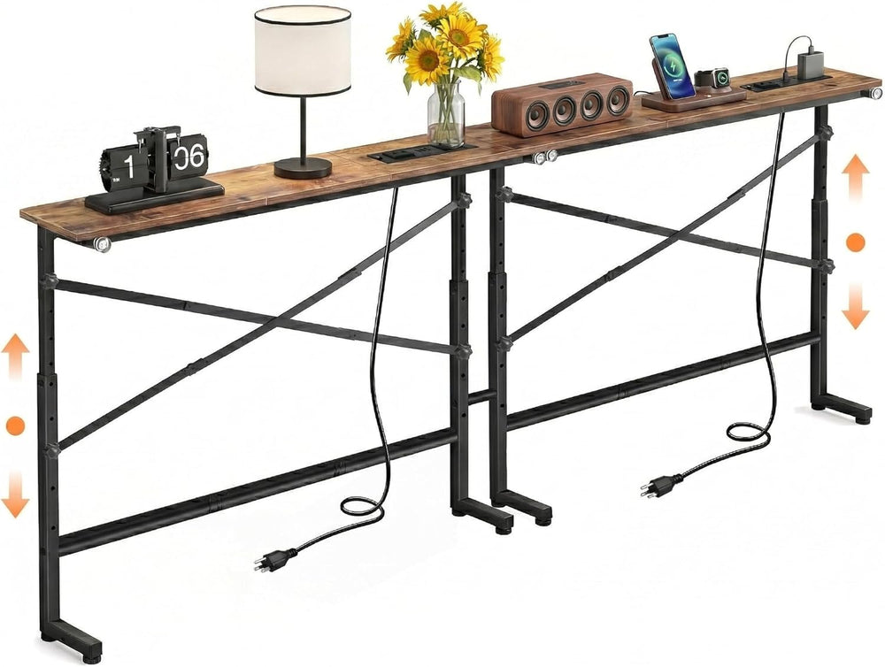 78.8inch Adjustable Height Narrow Sofa Side Table with 2 Power Outlets, Couch...