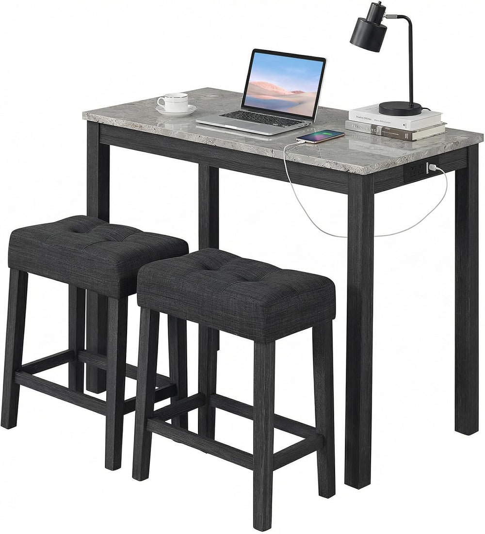 COSTWAY 3-Piece Wooden Bar Table Set with Charging Station | Modern Counter H...